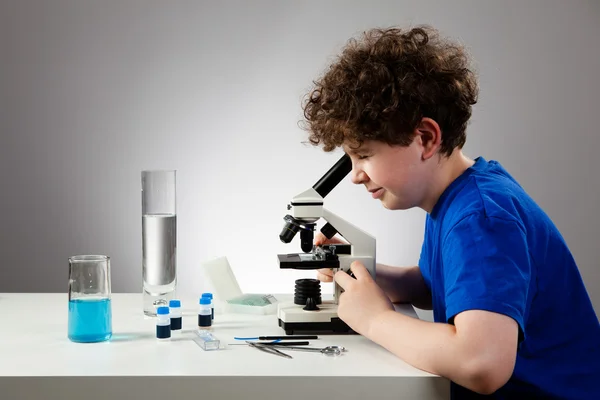 少年は、顕微鏡下で準備を調べる — ストック写真