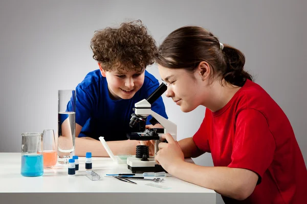 Crianças examinando a preparação ao microscópio — Fotografia de Stock