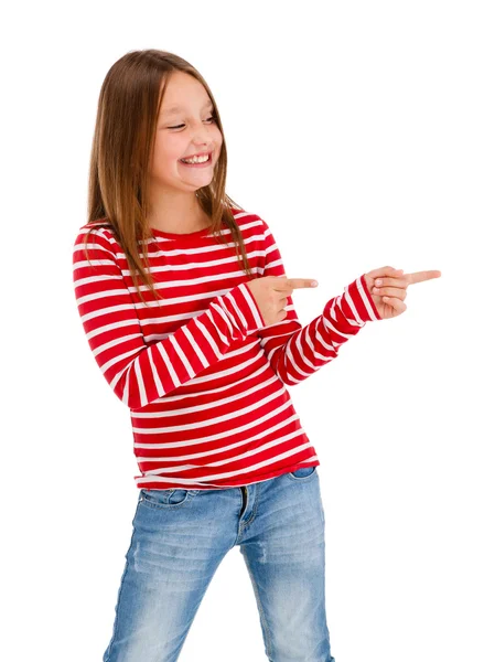 Girl pointing isolated on white background — Stock Photo, Image