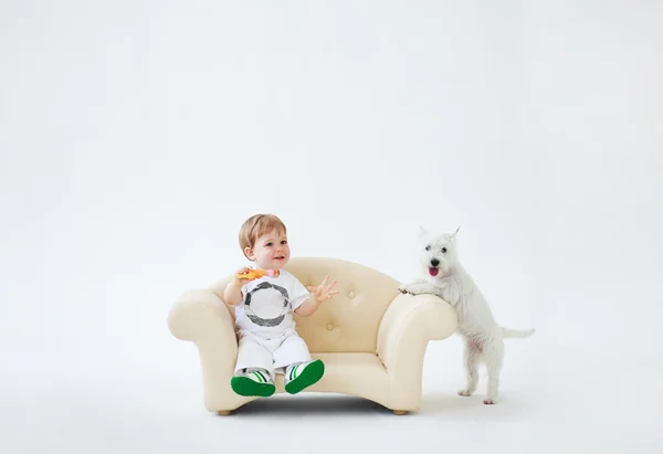 Toddler chłopiec z psem — Zdjęcie stockowe