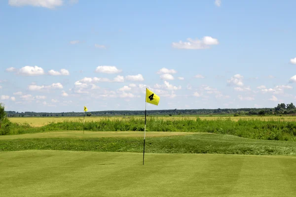 Golfové pole s dvěma žluté vlajky — Stock fotografie
