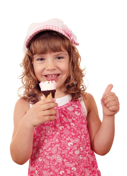 Happy little girl with ice cream and thumb up — Stock Photo, Image