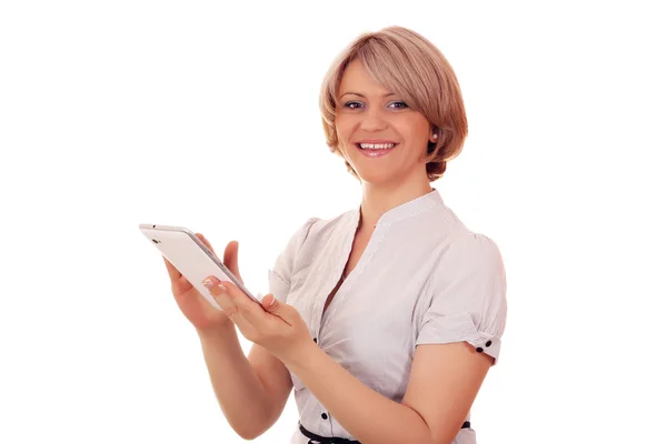 Mulher feliz com tablet pc — Fotografia de Stock
