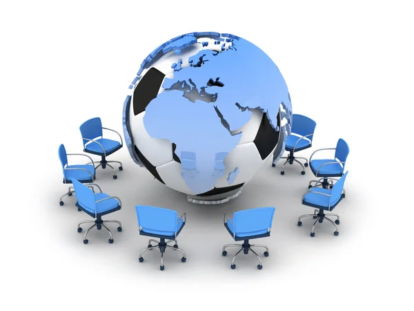 Abstract illustration - soccer ball, earth globe and office chai — Stock Photo, Image