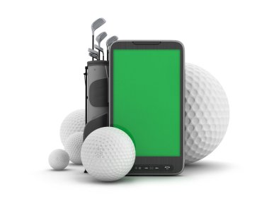 Golf equipment and cell phone on white background clipart