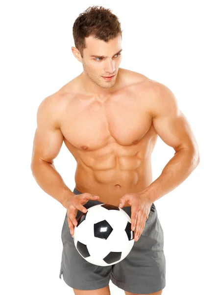Bonito homem segurando bola de futebol no branco — Fotografia de Stock