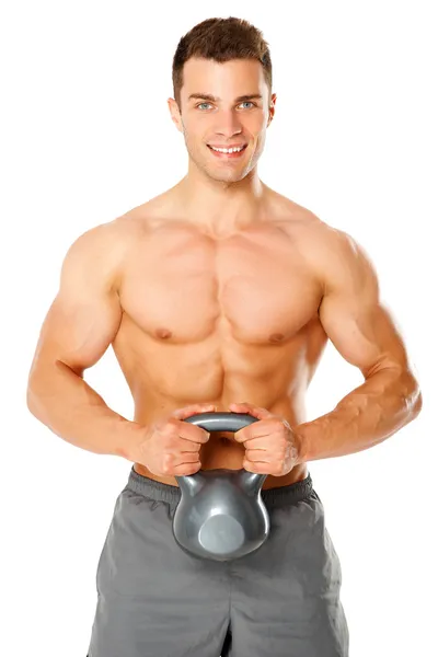 Fit muscular man exercising with dumbbell on white — Zdjęcie stockowe