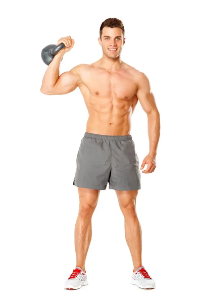 Полное тело мускулистого человека, тренирующегося с гантелями на белом — стоковое фото