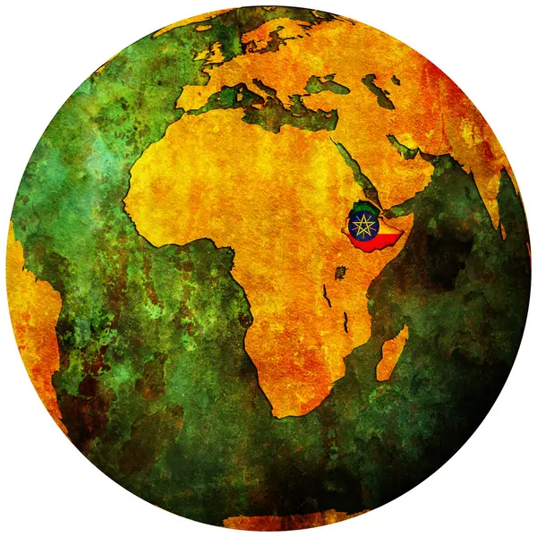 Vlajka Etiopie na mapě světa — Stock fotografie