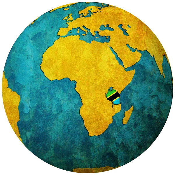 Vlajka Tanzanie na mapě světa — Stock fotografie