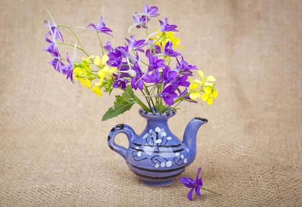 在一个陶瓷茶壶的背景中的花束 — 图库照片