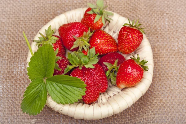 Erdbeeren mit Blättern in einem Weidenkorb auf dem Hintergrund von — Stockfoto
