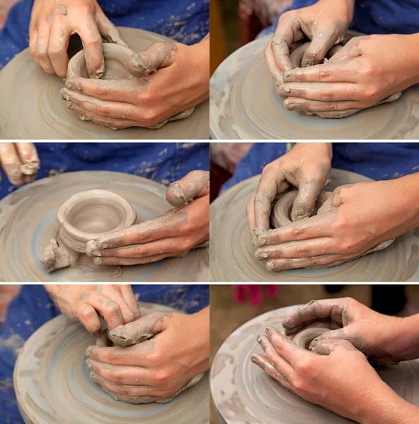 The hands of the potter at the potter's wheel. — Stock Photo, Image