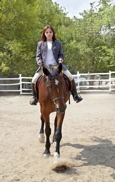 Tjejen Rider en häst i arenan — Stockfoto