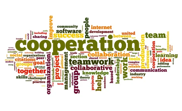 Concetto di cooperazione in word tag cloud su bianco — Foto Stock