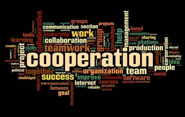 Cooperation concept in word tag cloud on black — Stock Photo, Image