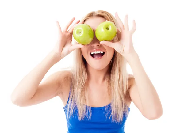 Donna con due mele in mano — Foto Stock