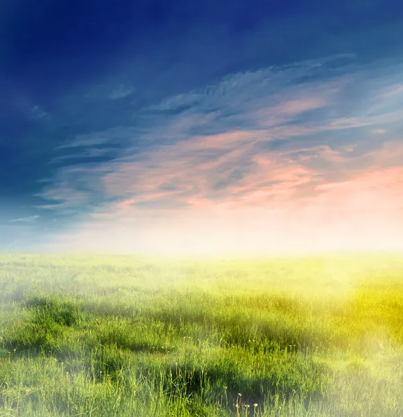 Märchen, magische Landschaft mit Sonnenaufgangsnebel — Stockfoto