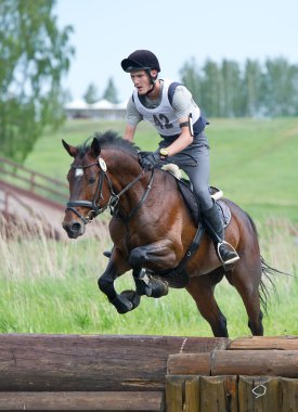 Eventer on horse is Drop fence in Water jump clipart