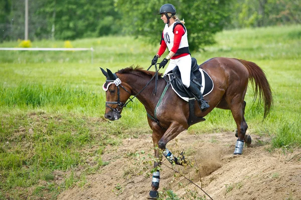 Eventer op paard onderhandelen over water-stap-springen — Stockfoto