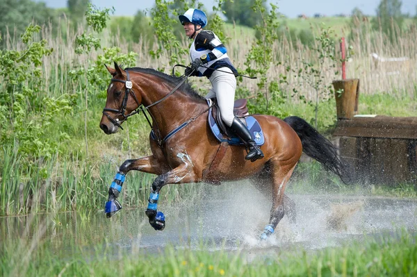 Fälttävlan på häst förhandlar vatten hoppa — Stockfoto