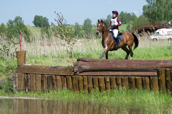 Eventer auf Pferd fällt Zaun in Wassersprung — Stockfoto