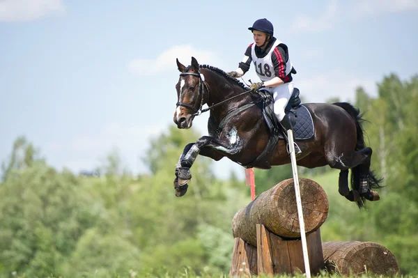 Woman eventer on horse is overcomes the Log fence — Stock Photo, Image
