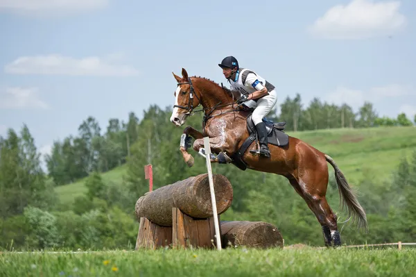 Deporte ecuestre. Eventer a caballo negociando cross-country Obstáculo fijo Valla de troncos —  Fotos de Stock
