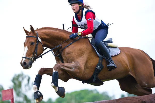 Кінного спорту. жінка eventer щодо погодження коні бігові фіксованого перешкода журналу паркан — стокове фото