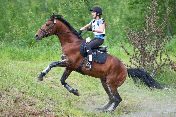 Woman eventer on horse is overcomes the Ski jump — Stock Photo, Image