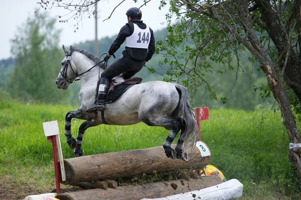 Cross-Country. niet-geïdentificeerde rider op paard voordat vaste hindernis — Stockfoto