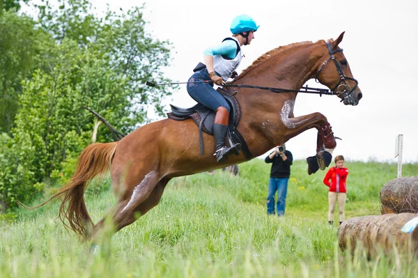 馬術スポーツ。馬の交渉の女性 eventer はクロスカントリー障害ログ フェンスを固定 — ストック写真