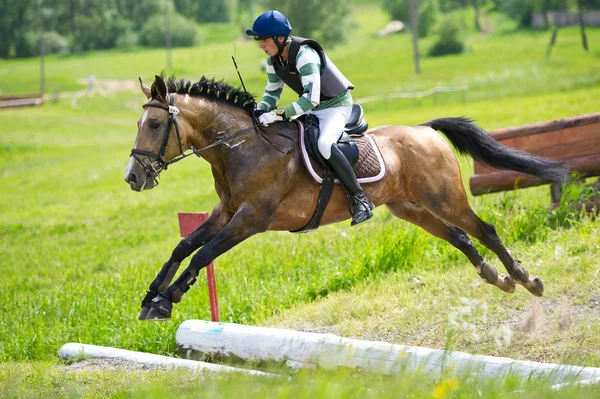 Rider eventer on horse negotiating cross-country fence open ditch — Stock Photo, Image