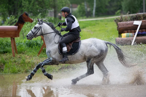 Eventer a caballo negociando Salto de agua Imagen de archivo