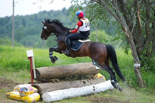 RID sport. kvinna fälttävlan på häst förhandlar cross-country fasta hinder log staket Royaltyfria Stockbilder