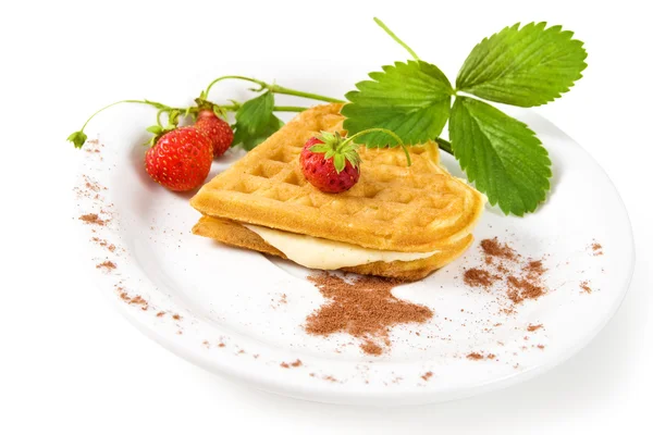 Plate of belgian waffles with fresh strawberries and whipped cream — Stock Photo, Image