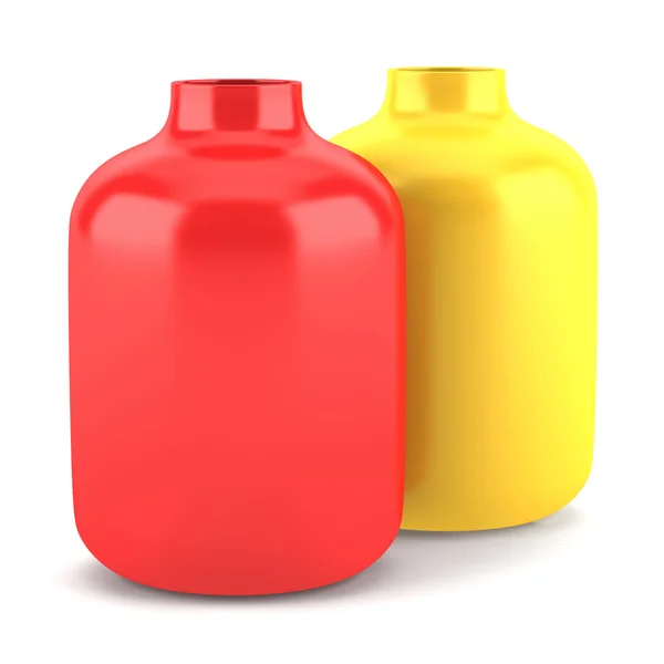 孤立在白色背景上的两个红色和黄色陶瓷花瓶 — 图库照片