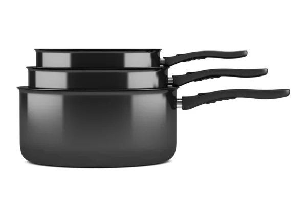 Drei schwarze Kochtöpfe isoliert auf weißem Hintergrund — Stockfoto