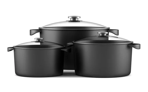 Tre svarta matlagning kastruller isolerad på vit bakgrund — Stockfoto