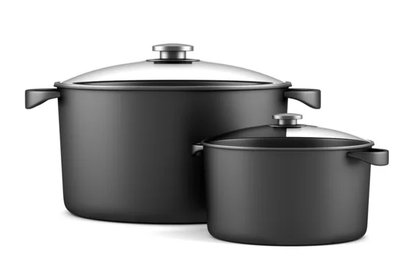 Δύο μαύρο τηγάνια μαγειρέματος που απομονώνονται σε λευκό φόντο — Φωτογραφία Αρχείου