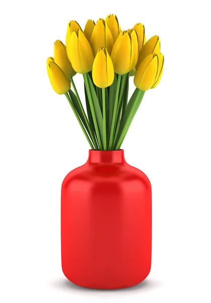 Ramo de tulipanes amarillos en jarrón rojo aislado sobre fondo blanco —  Fotos de Stock