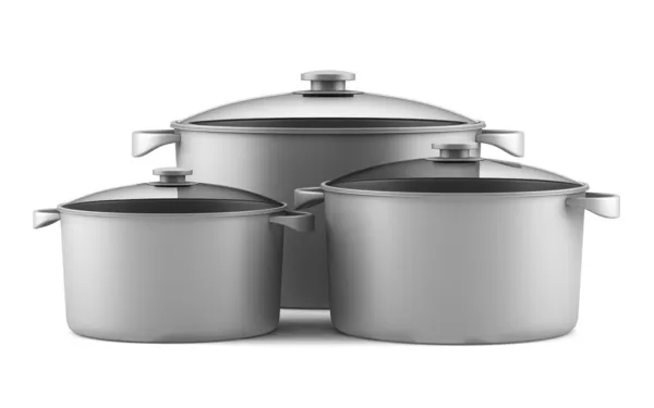 3 つの灰色の白い背景で隔離調理鍋 — ストック写真