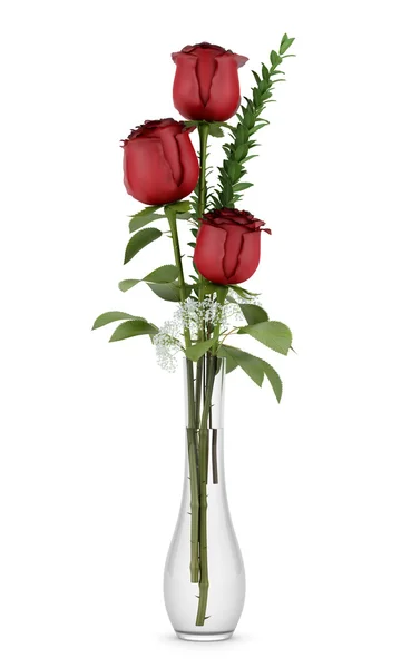 Three red roses in glass vase isolated on white background — Stock Photo, Image