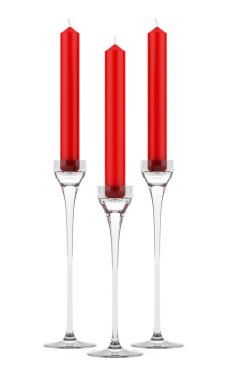 Three glass candlesticks with red candles isolated on white background clipart