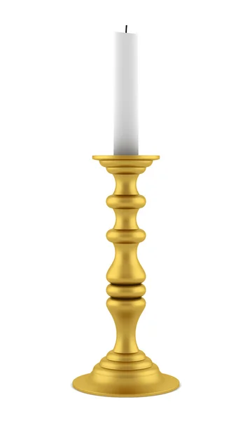 Золотой подсвечник со свечой на белом фоне — стоковое фото