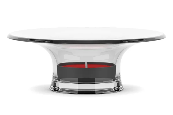 Castiçal de vidro com pequena vela vermelha isolada no fundo branco — Fotografia de Stock