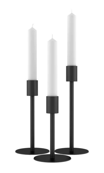Três castiçais pretos modernos com velas isoladas no fundo branco — Fotografia de Stock