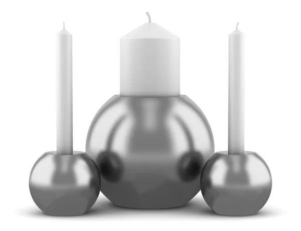 Drei moderne runde Leuchter mit Kerzen auf weißem Hintergrund — Stockfoto