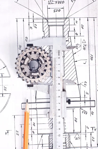 stock image Calliper with part on Engineering drawing