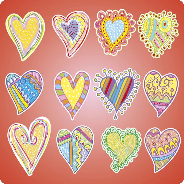 Douze cœurs colorés — Image vectorielle